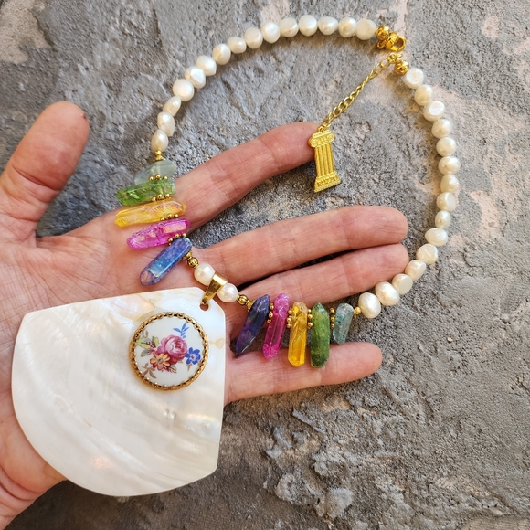 Designer Pearls Necklace Natural Himalayan Ctystal Pendant Vintage  Medallion - Picture 4 of 12